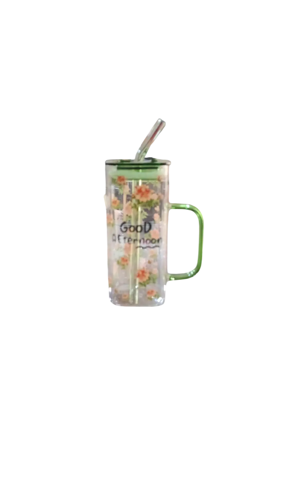 Good Afternoon Glass with Lid and glass straw