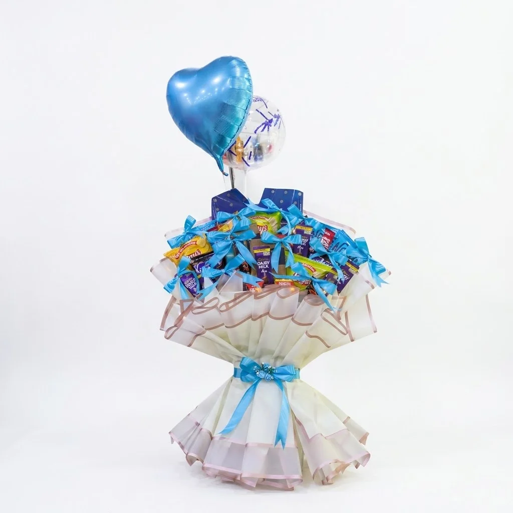 Snacks Bouquet with Bobo & Heart Balloons