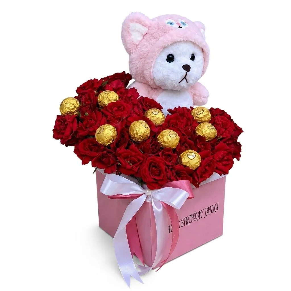Box Bouquet with Teddy Bear & Lollypops