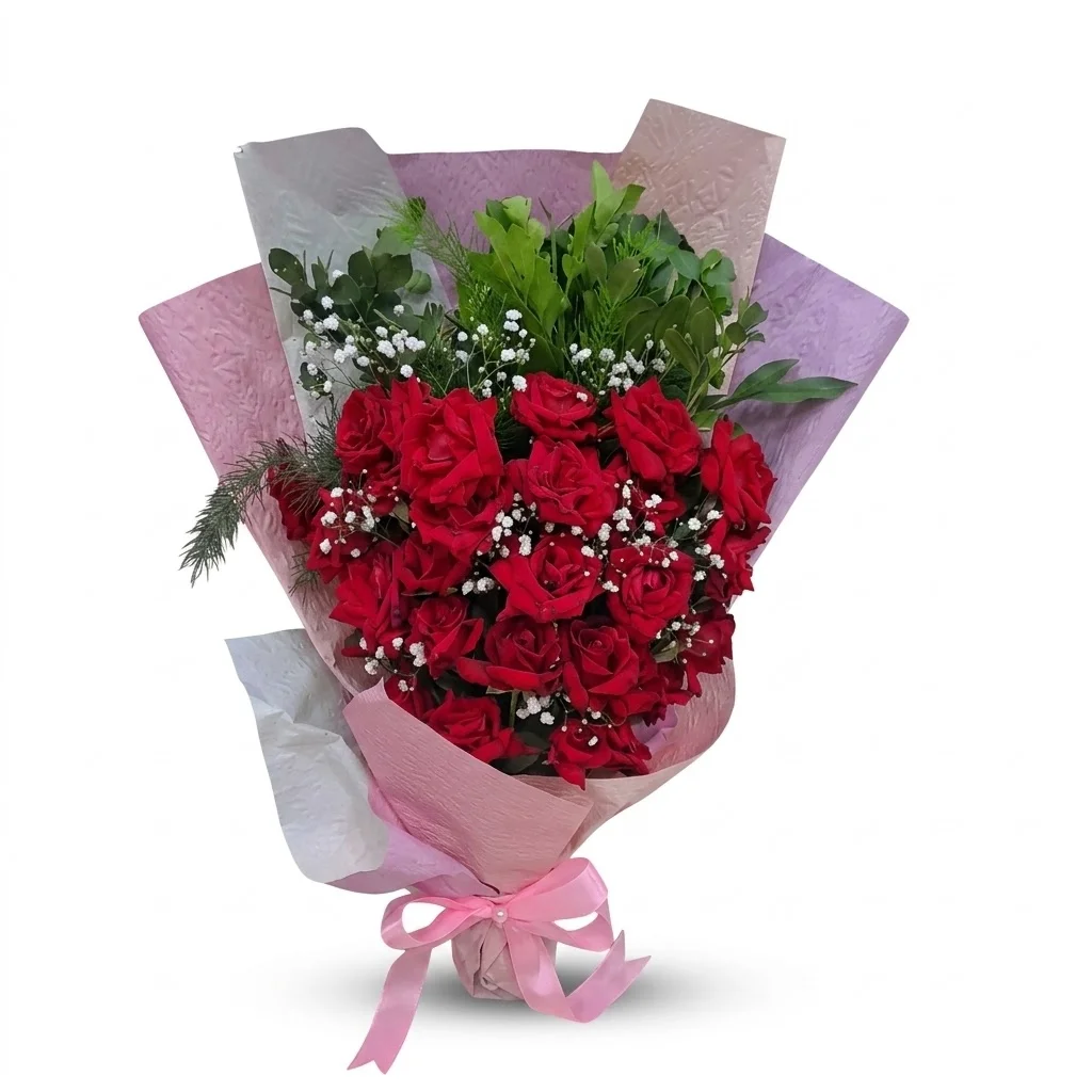 Long Bouquet - Multi Sheet, Red Flowers with Baby Breath