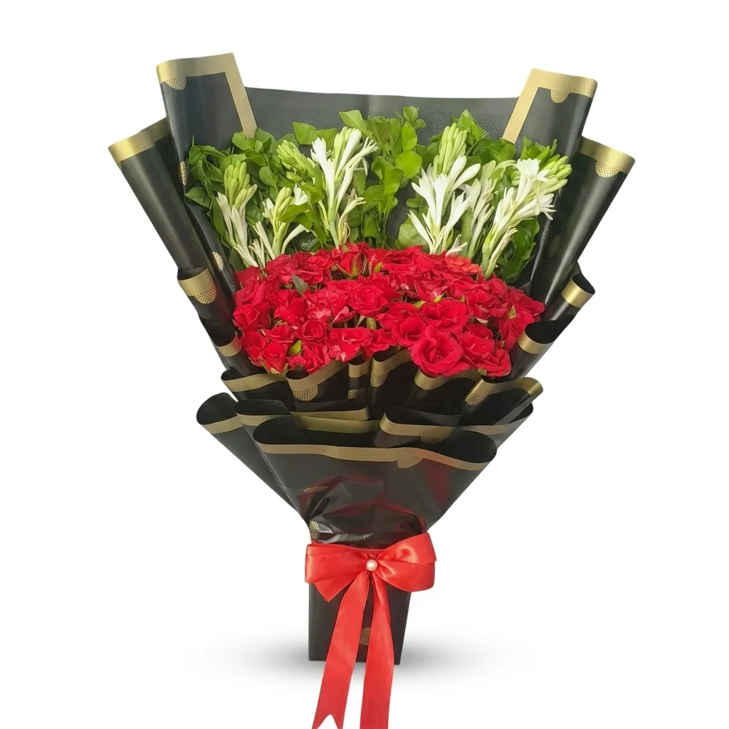 Long Bouquet with Red Roses and Tube Rose