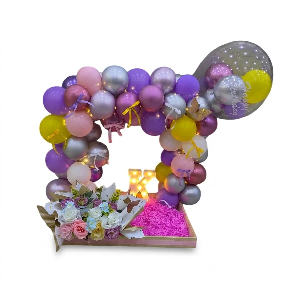 Wood Basket with Bobo Balloon, Crepe Paper, Artificial flowers, Light Alphabet