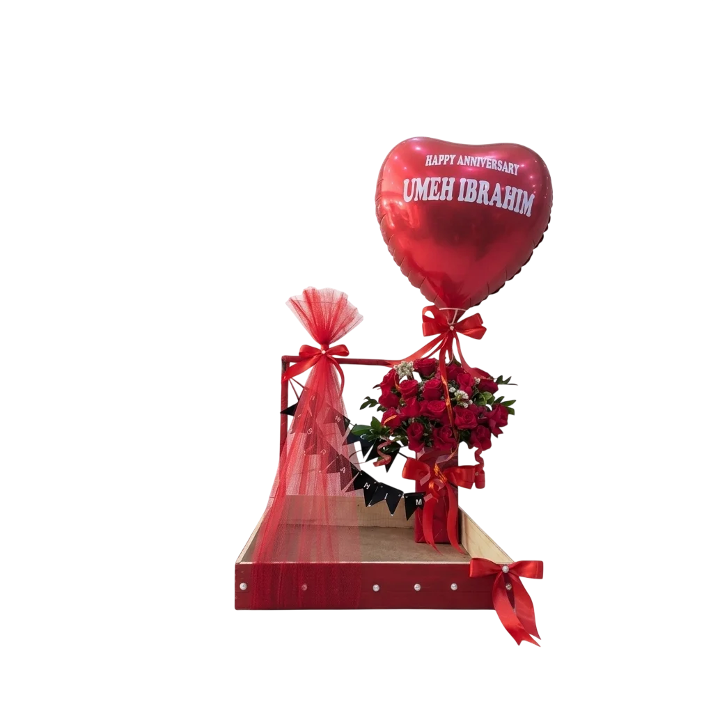 Wood Basket with Heart Foil Balloon
