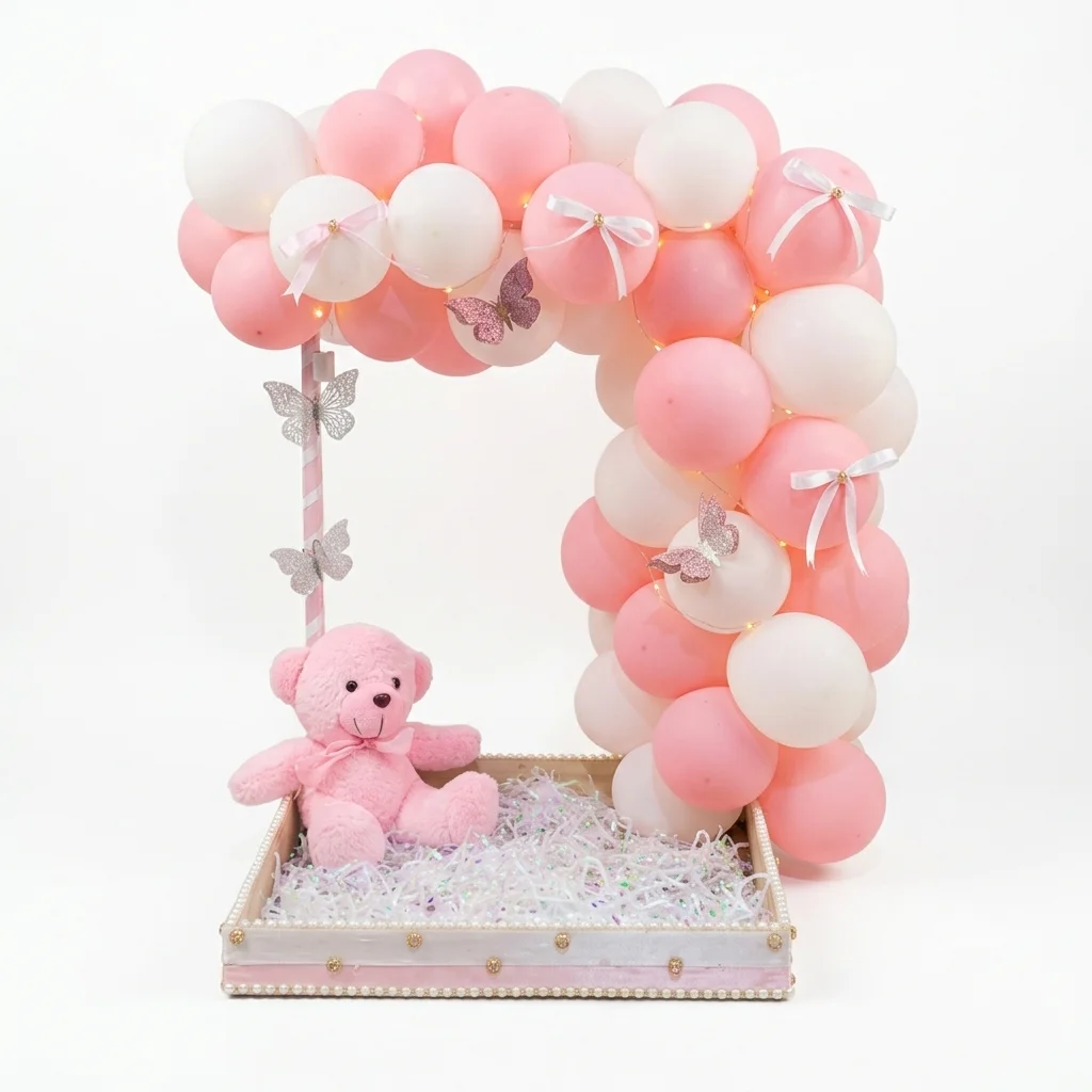 Wood Basket with Pink Balloon and Baby Bear