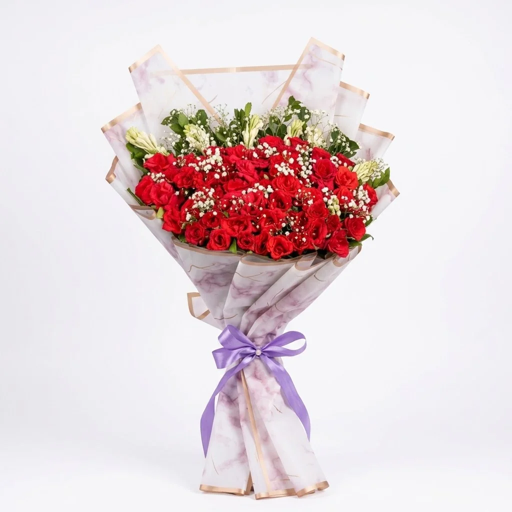 Red Rose Bouquet with Baby's Birth & Tube Rose