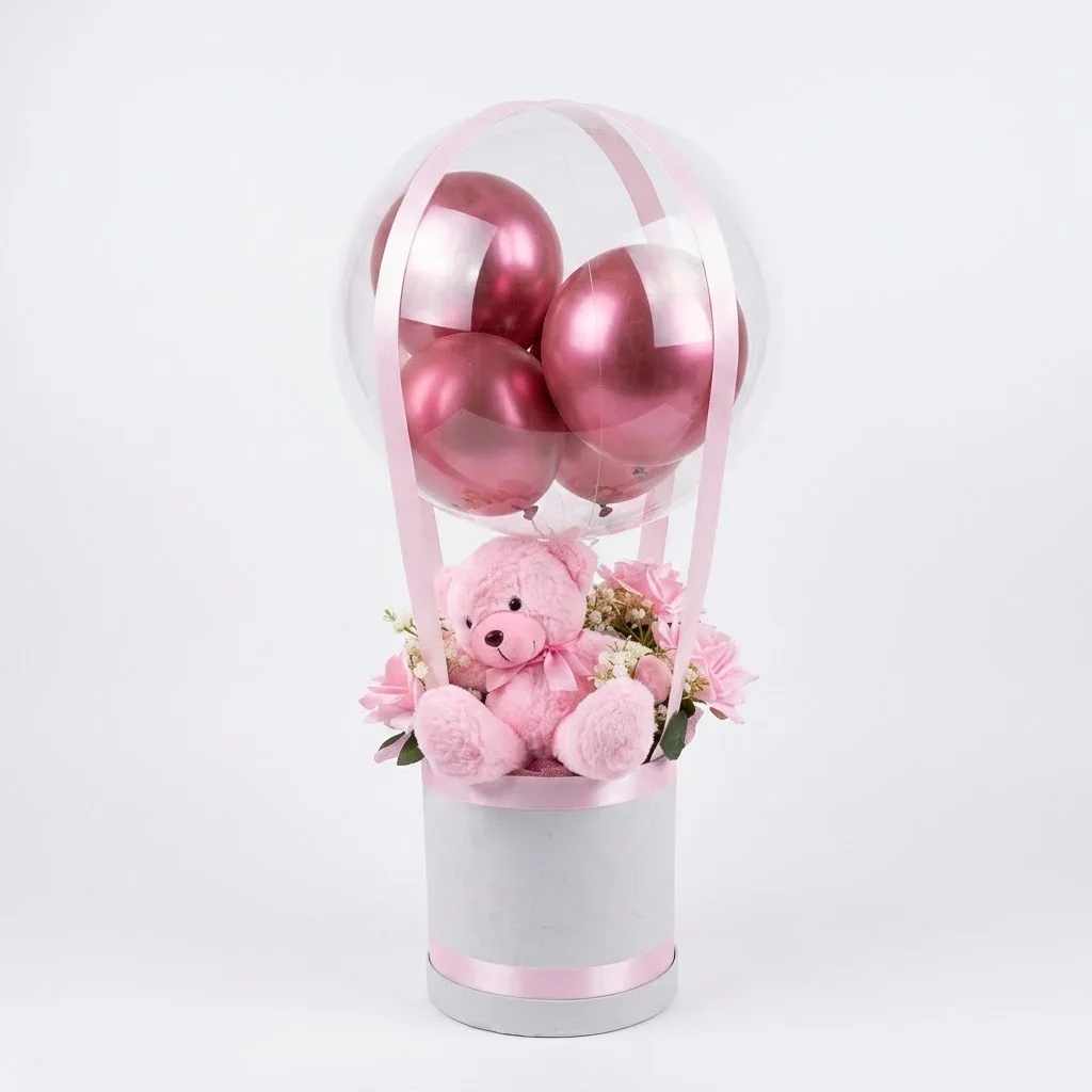 Box Bouquet with Bear, Bobo Balloon & Flowers