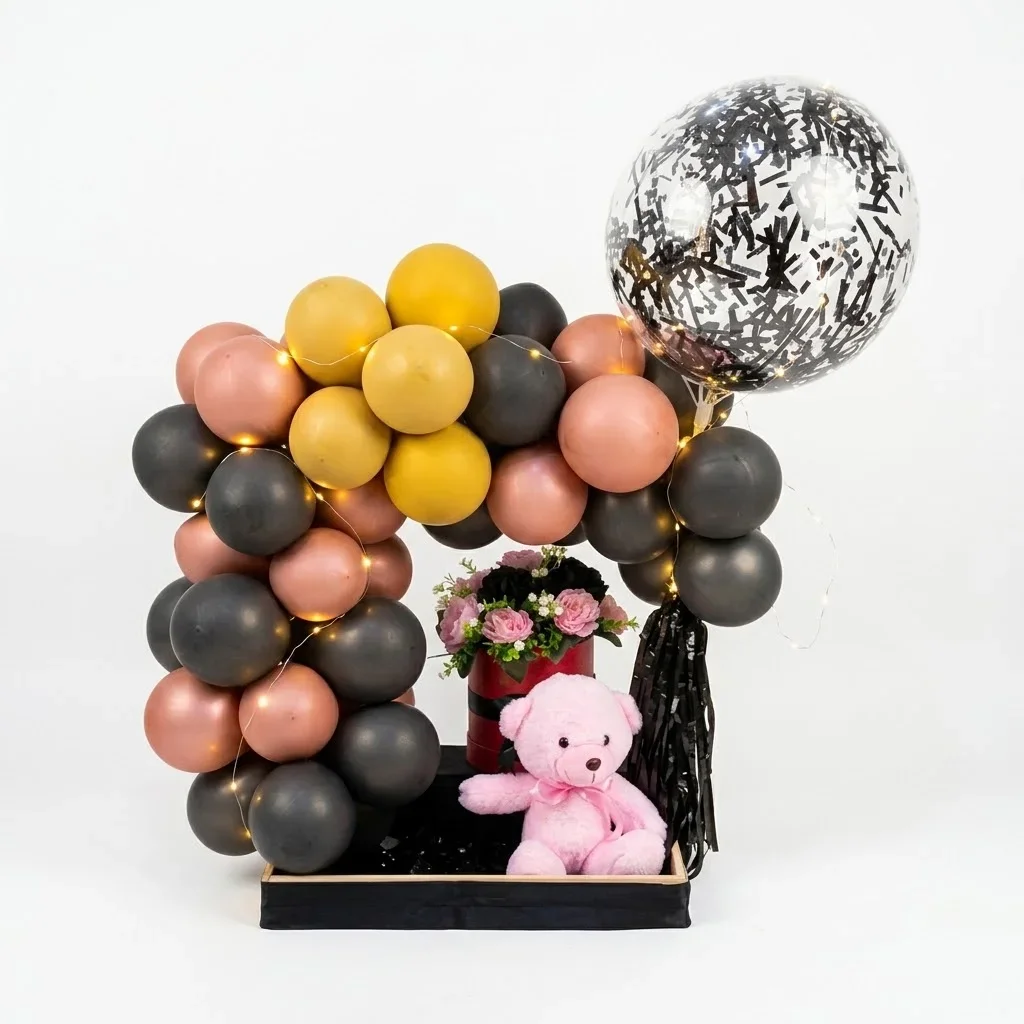 Wood Basket with Bobo Balloon, Bear, Box & Balloons